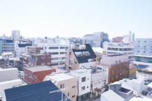 Aerial view of residential buildings in Sumida City, Tokyo on a clear day.
