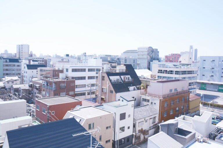 Aerial view of residential buildings in Sumida City, Tokyo on a clear day.