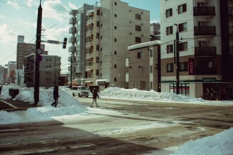 Urban winter scene in Date, Hokkaido with snow-covered streets and pedestrian crossing.