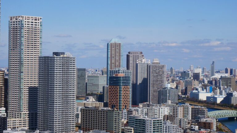 Panoramic view of Tokyo's skyline featuring modern skyscrapers and urban architecture on a clear day.