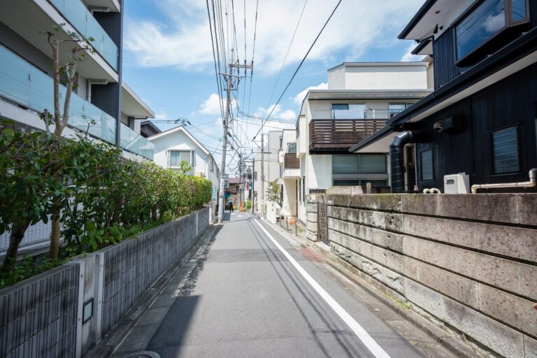 A serene residential street in a Japanese suburb on a sunny day, capturing modern architecture.
