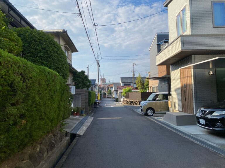 Tranquil view of a residential street in Sakai, Japan, highlighting modern architecture.