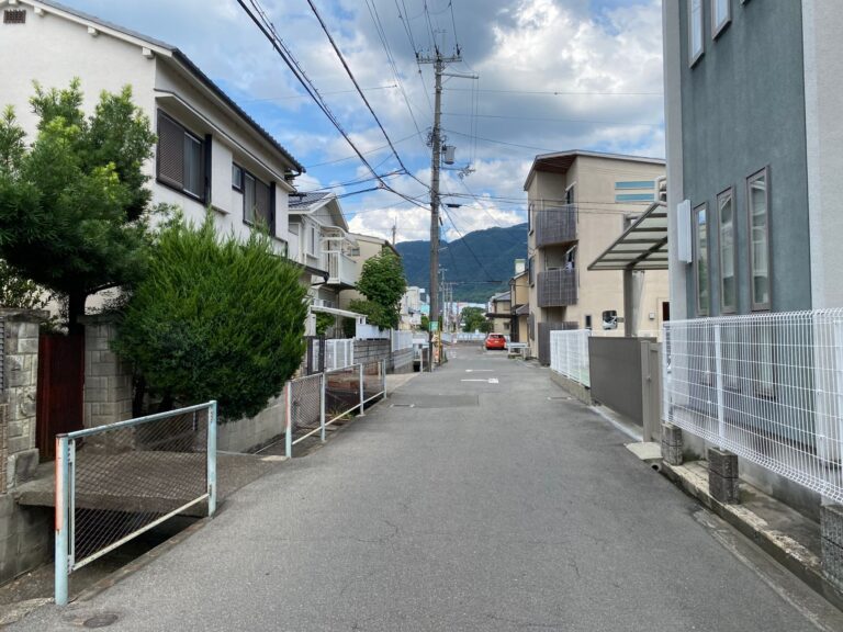 Quiet suburban street with houses and mountain view under cloudy sky.