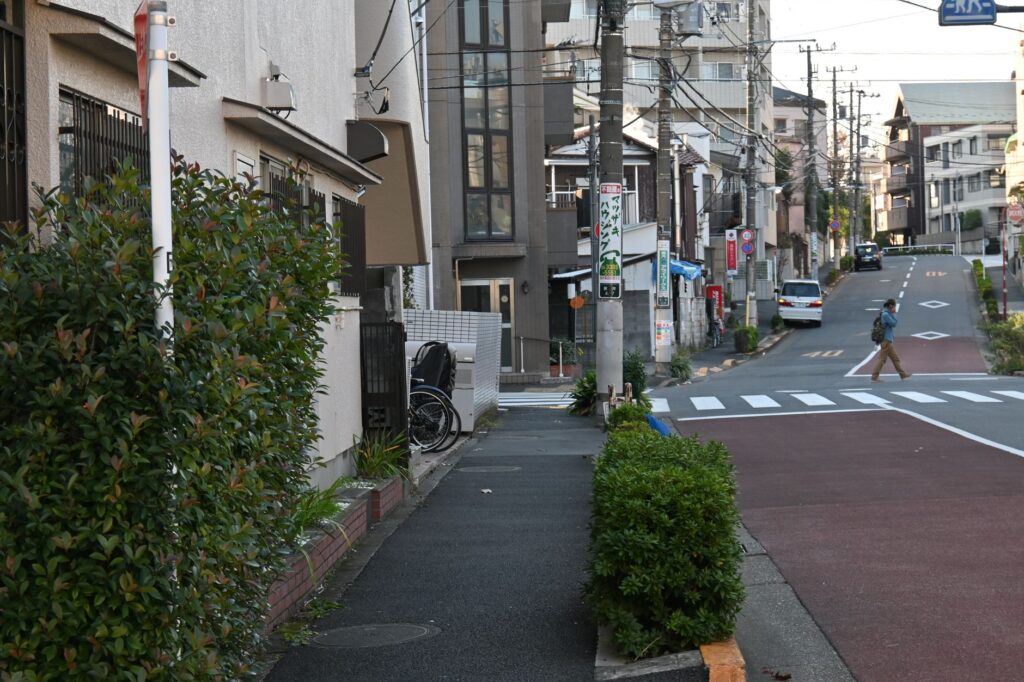 A peaceful urban street in Japan with a lone pedestrian crossing and residential buildings.