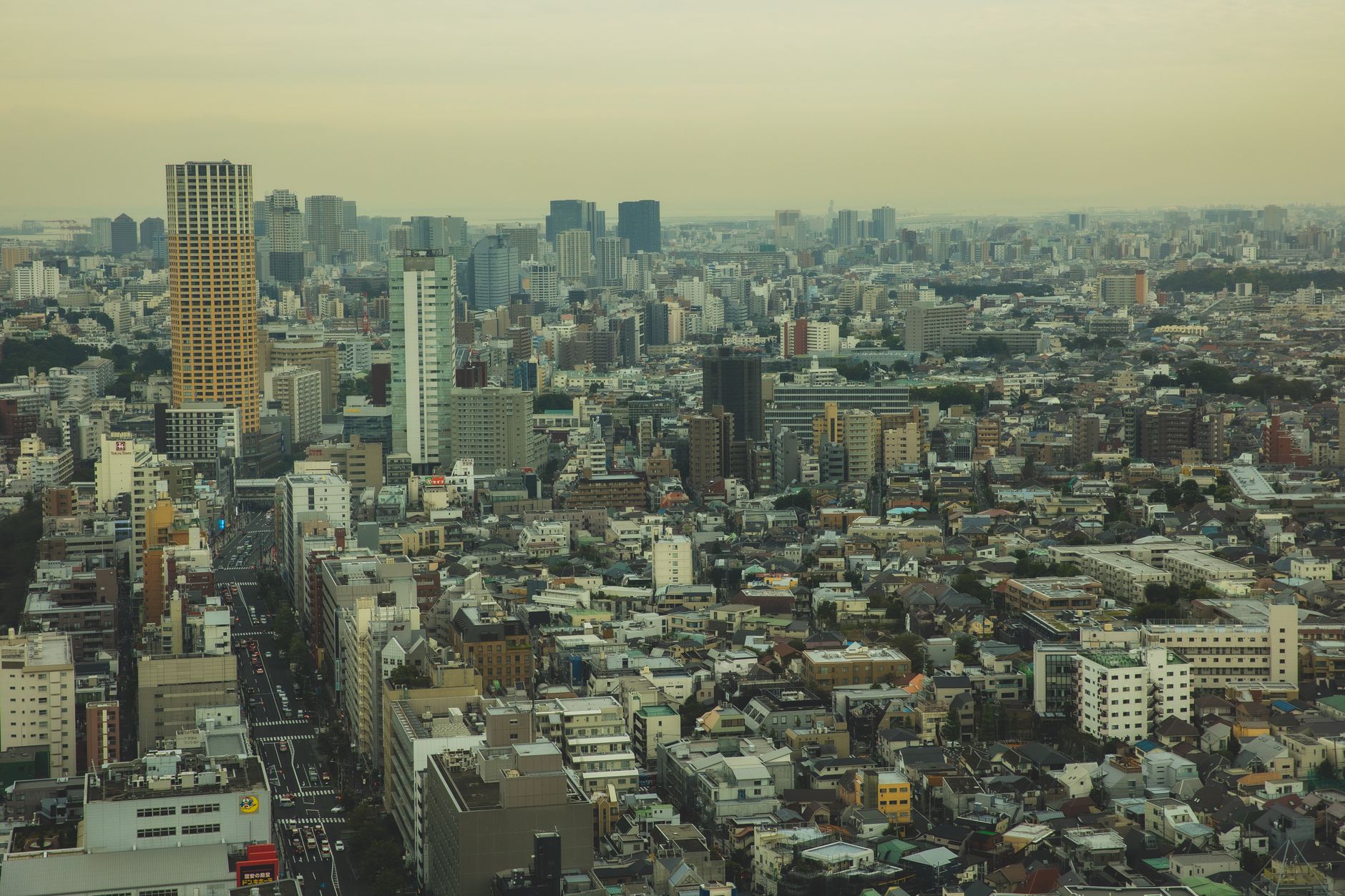 Drone view of tall dense contemporary houses of big city under smog and cloudy sky